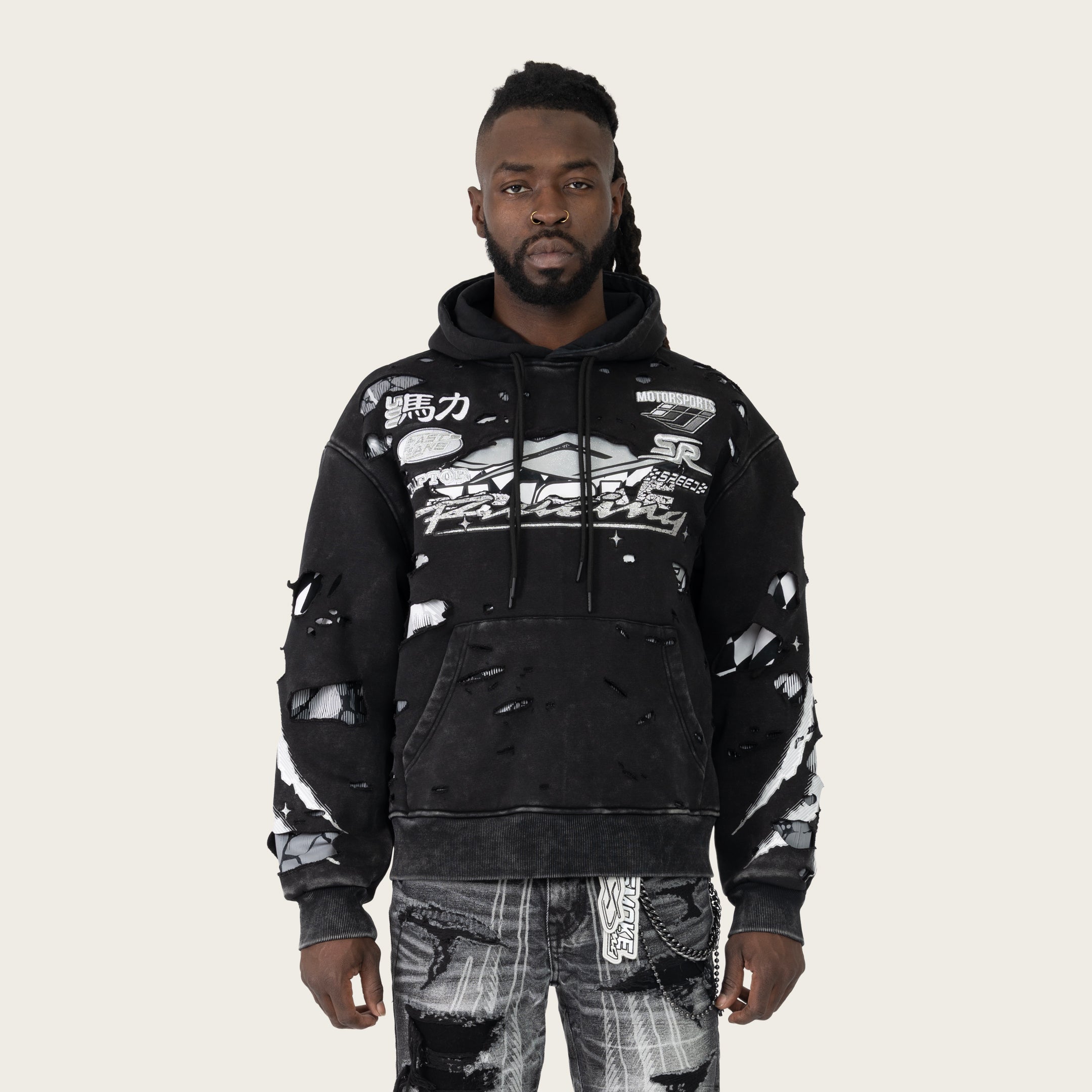 Oversized Racing Double Layer Hoodie - Black