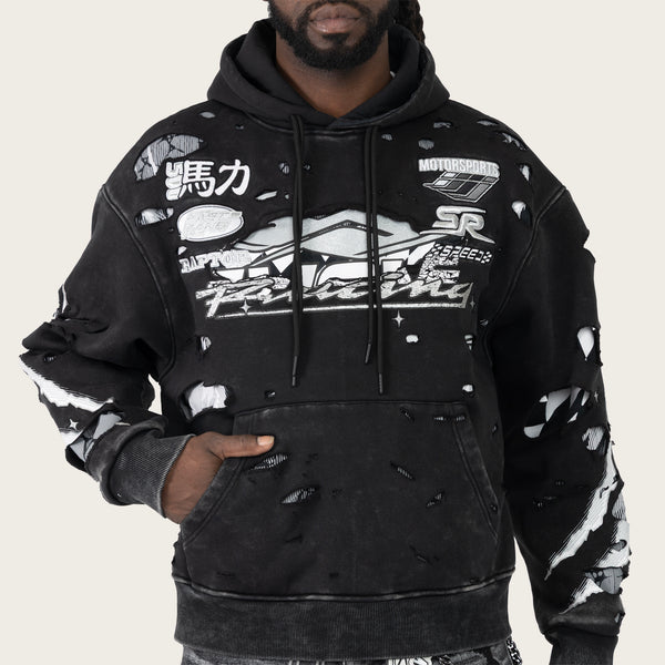 Racing Double Layer Oversized Hoodie - Black