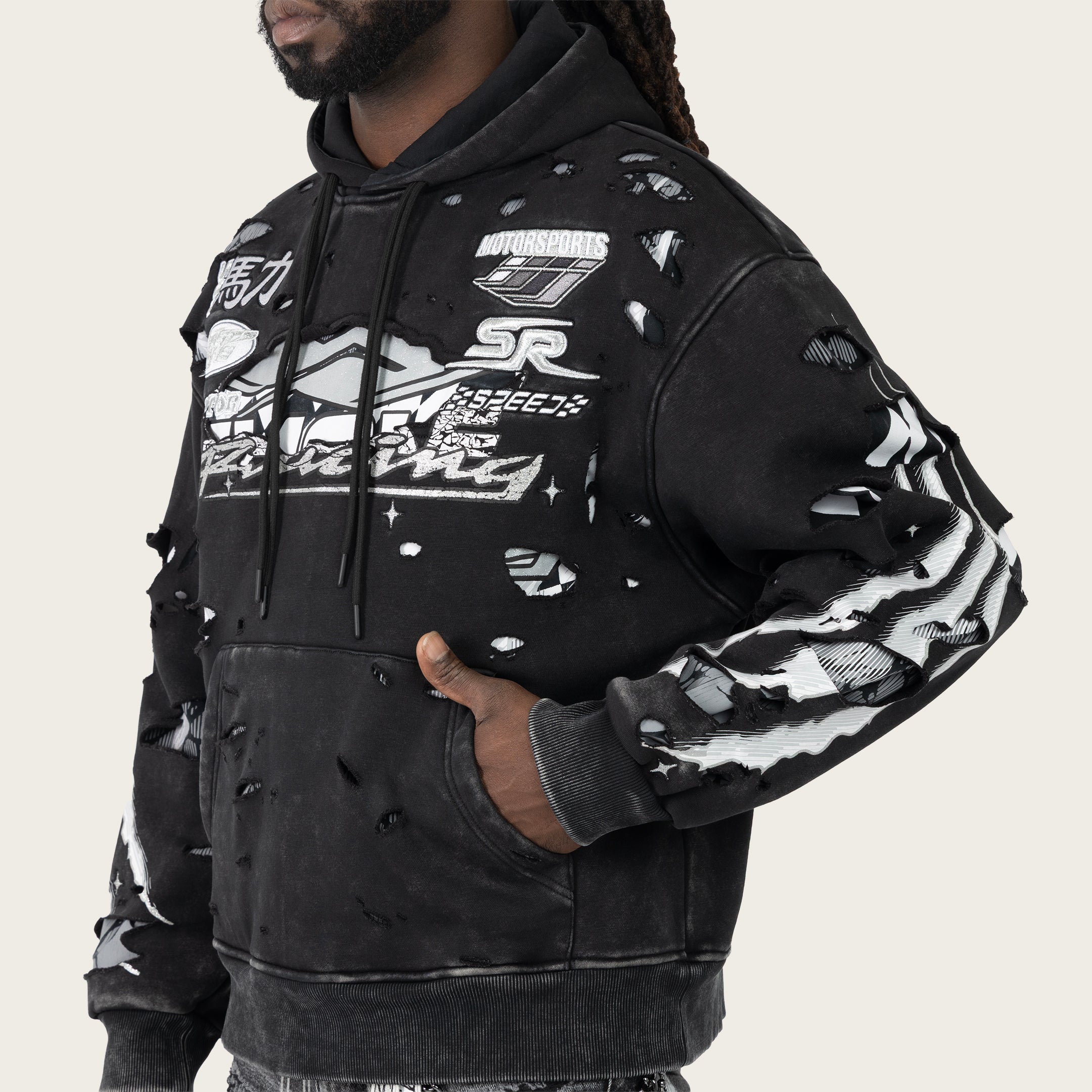 Oversized Racing Double Layer Hoodie - Black