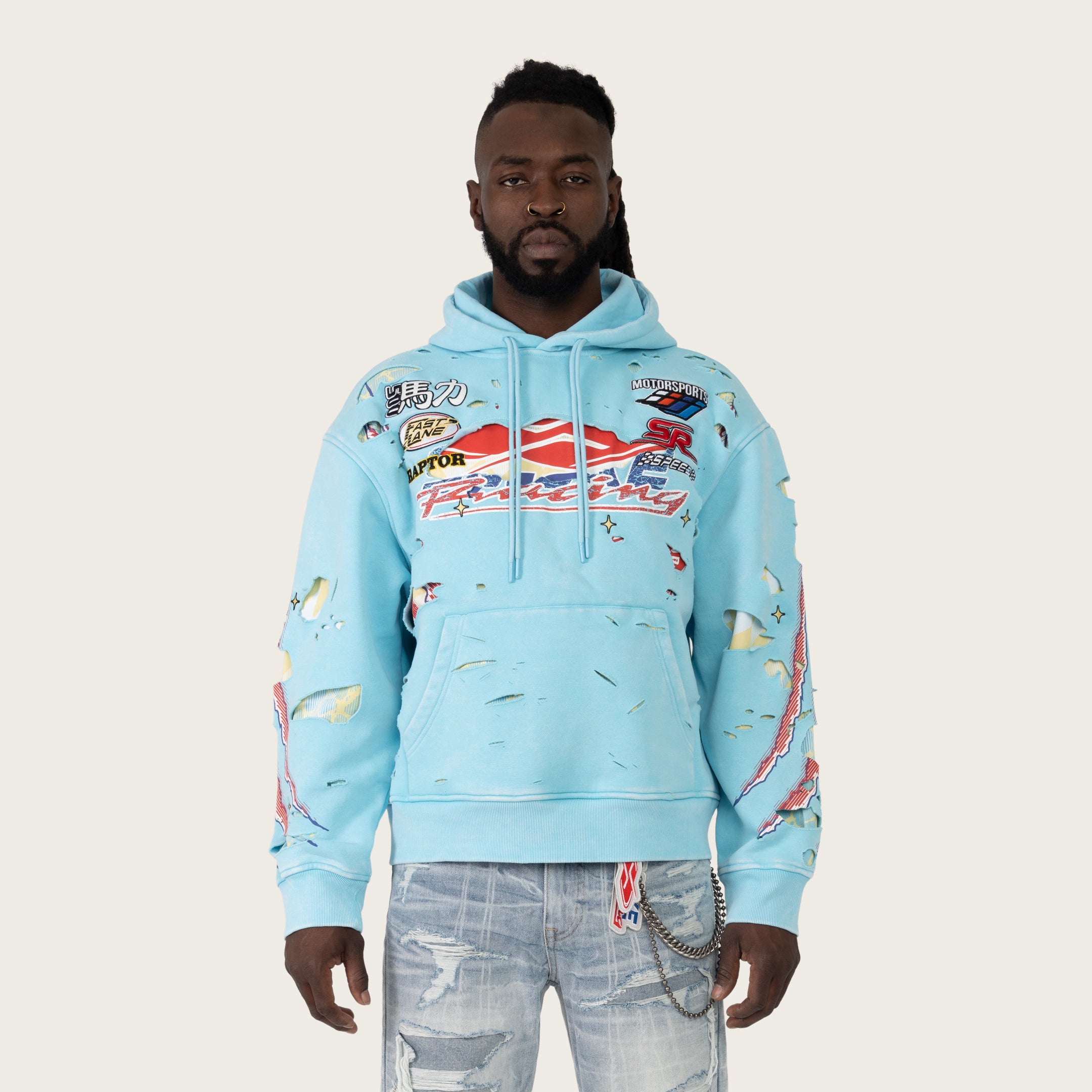 Oversized Racing Double Layer Hoodie - Sky Blue