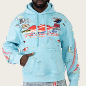 Oversized Racing Double Layer Hoodie - Sky Blue