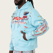 Oversized Racing Double Layer Hoodie - Sky Blue