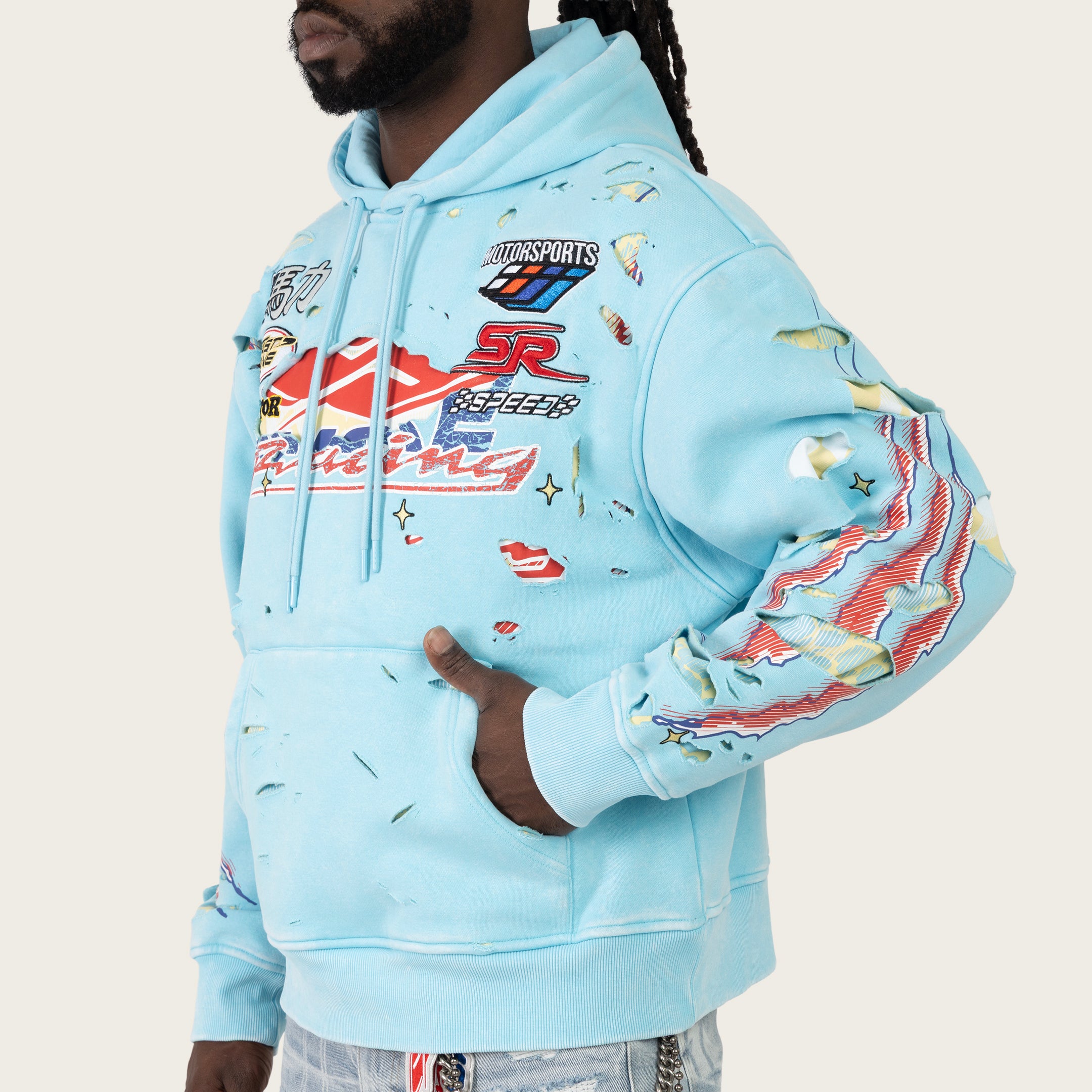 Oversized Racing Double Layer Hoodie - Sky Blue
