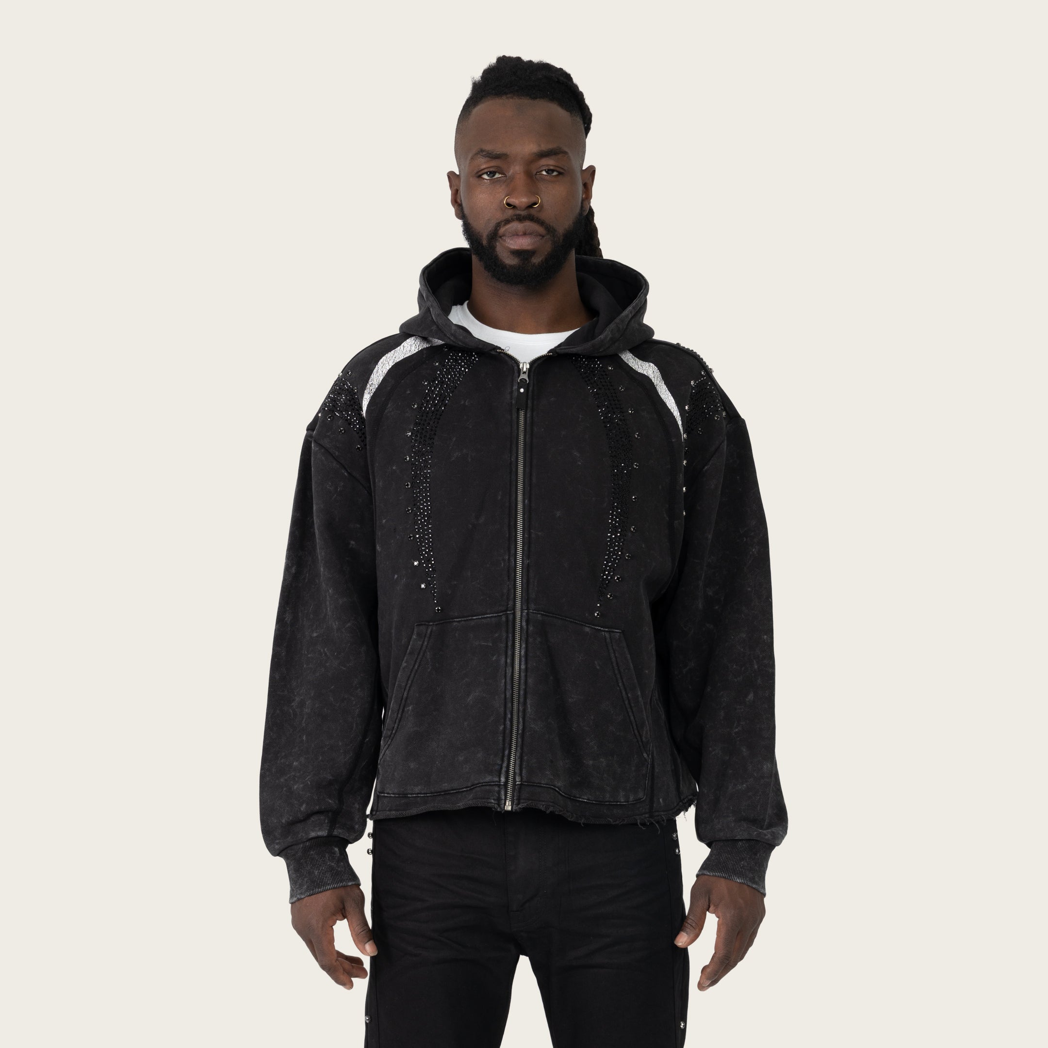 Oversized Gemstone Full Zip Hoodie - Black