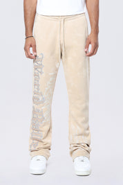 Stacked Rhinestone Dystopia Fleece Pants - Clay