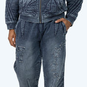 Denim Embossed Fleece Pants - Finn Blue