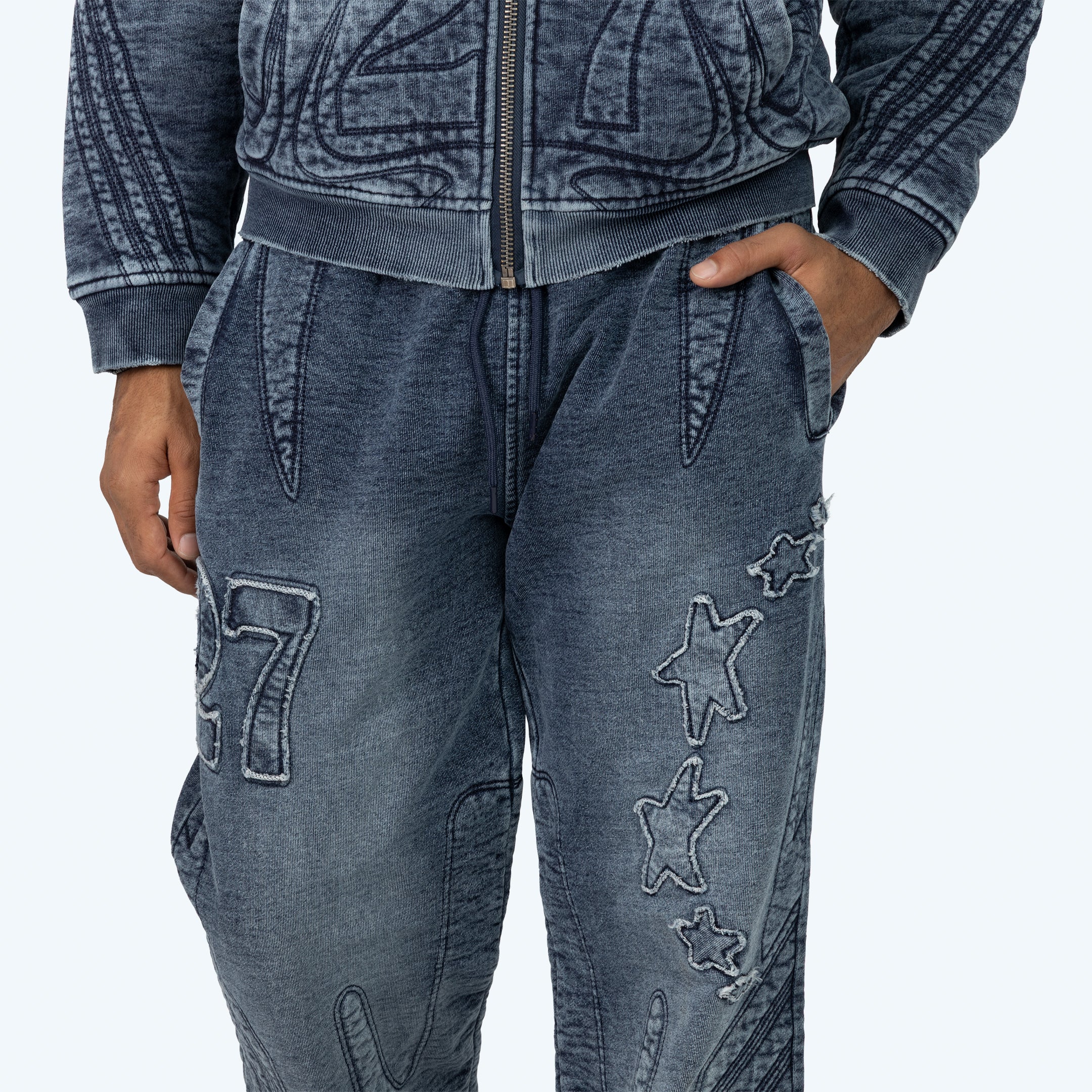 Denim Embossed Fleece Pants - Finn Blue