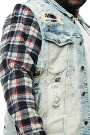 Smoke Rise Big and Tall Plaid Mixed Media Jean Jacket - Mojave Blue