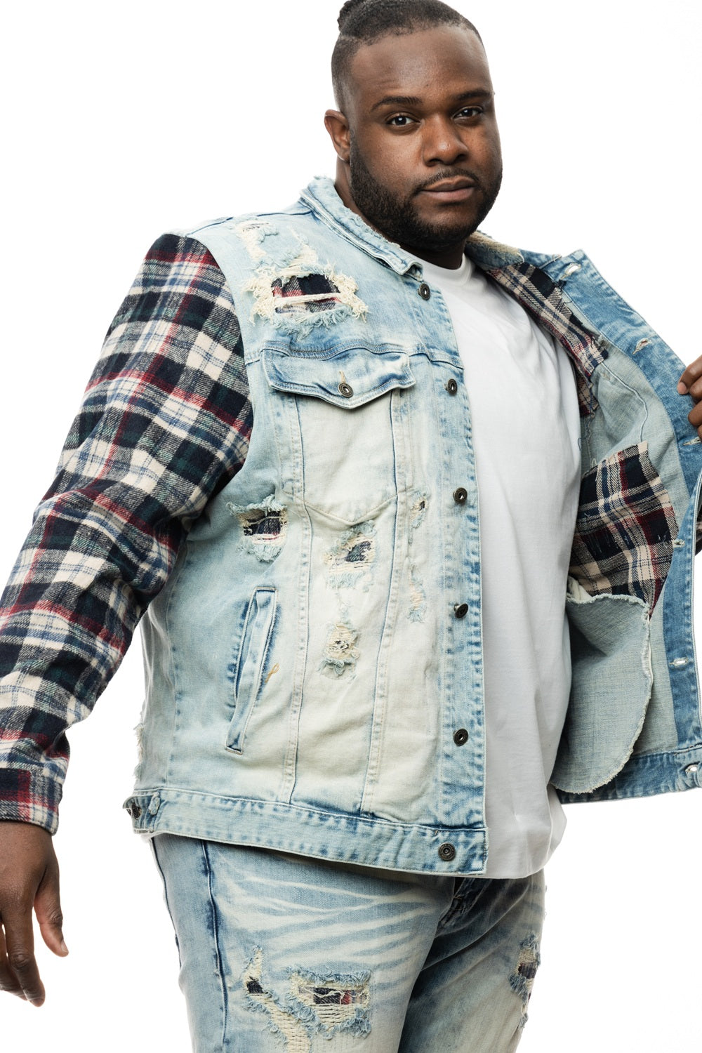 Smoke Rise Big and Tall Plaid Mixed Media Jean Jacket - Mojave Blue