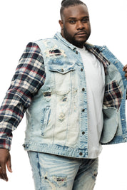 Smoke Rise Big and Tall Plaid Mixed Media Jean Jacket - Mojave Blue