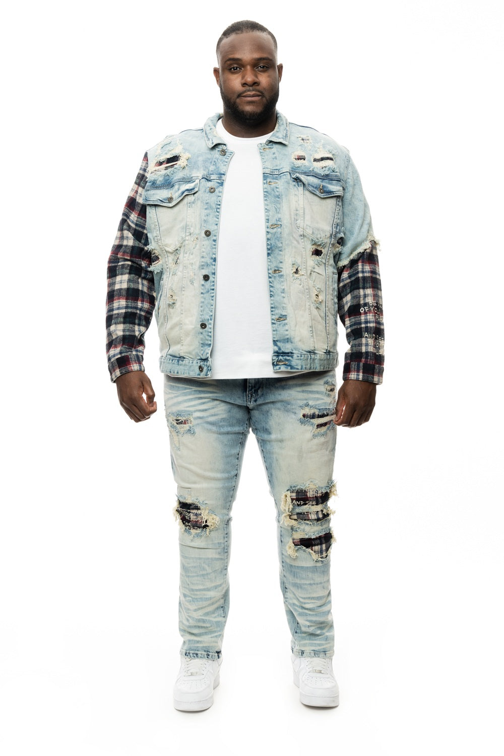 Smoke Rise Big and Tall Plaid Mixed Media Jean Jacket - Mojave Blue