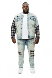 Smoke Rise Big and Tall Plaid Mixed Media Jean Jacket - Mojave Blue