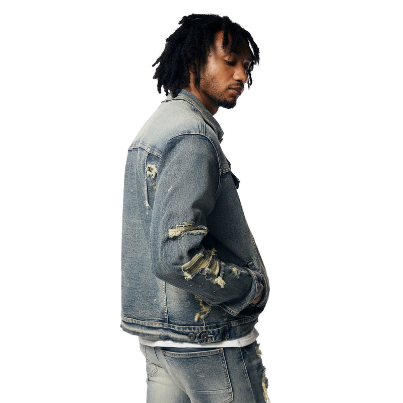 Rip And Repaired Color Denim Jacket - Blue Opal