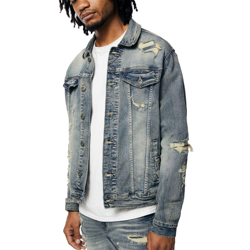 Rip And Repaired Color Denim Jacket - Blue Opal