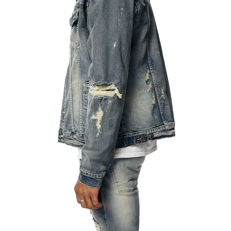 Rip And Repaired Color Denim Jacket - Blue Opal