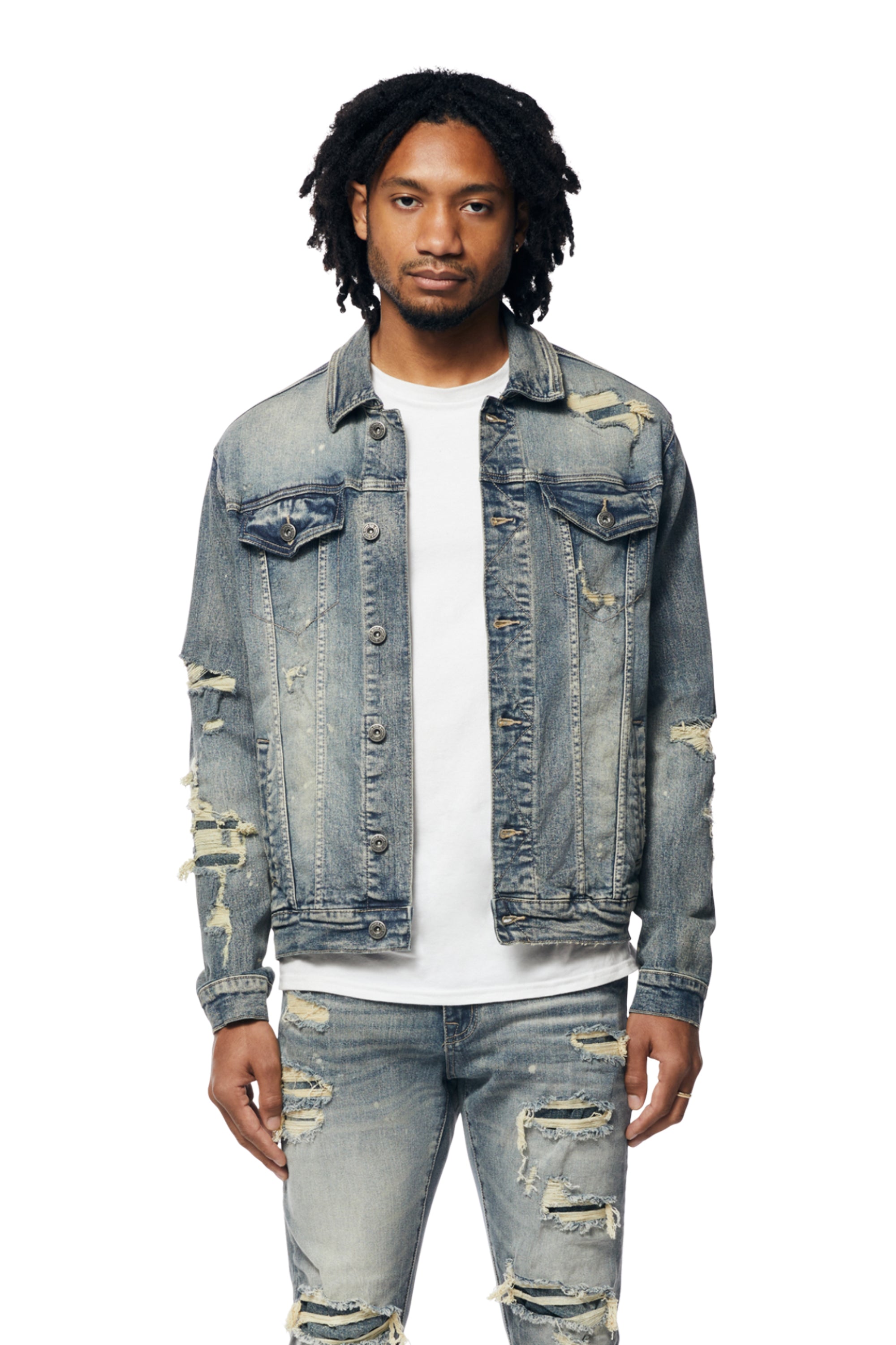 Rip And Repaired Color Jean Jacket - Blue Opal