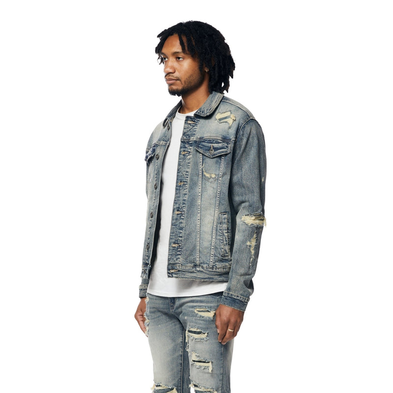 Rip And Repaired Color Denim Jacket - Blue Opal