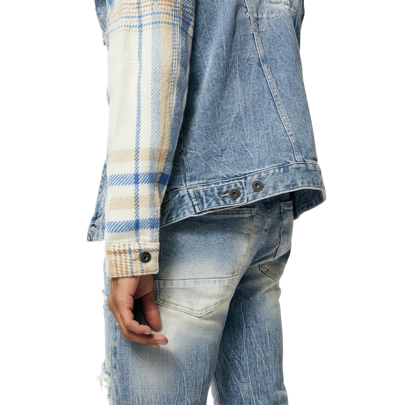 Embroidered Plaid Backed Denim Jacket - Lowell Blue