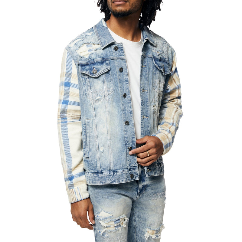 Embroidered Plaid Backed Denim Jacket - Lowell Blue