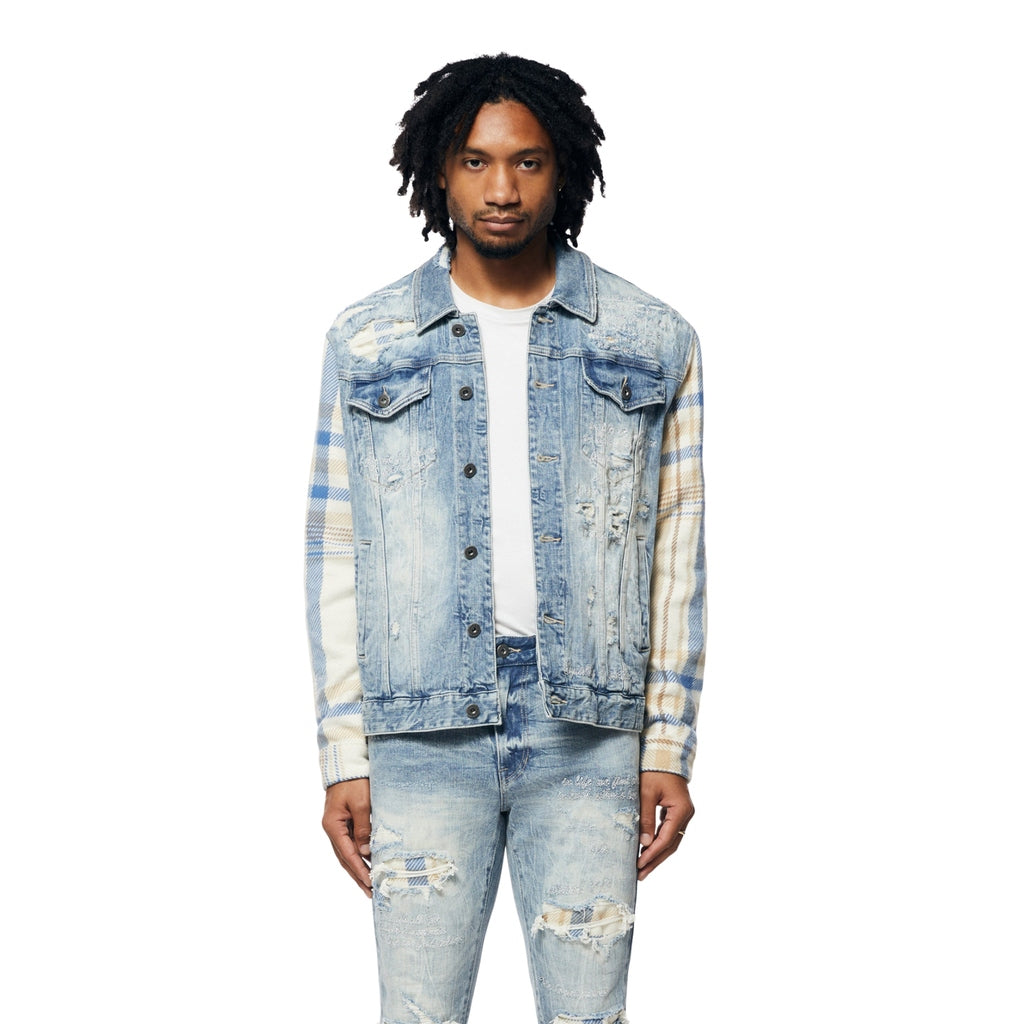 Smoke Rise Embroidered Plaid Backed Jean Jacket - Lowell Blue