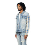 Embroidered Plaid Backed Denim Jacket - Lowell Blue