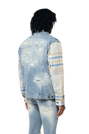 Embroidered Plaid Backed Jean Jacket - Lowell Blue