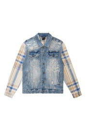 Embroidered Plaid Backed Jean Jacket - Lowell Blue