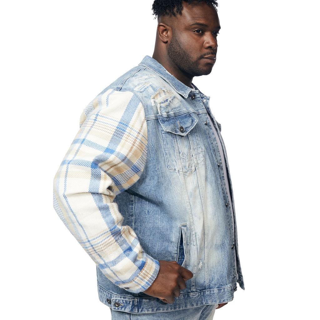 Smoke Rise Big and Tall Big and Tall Embroidered Plaid Backed Denim Jacket - Lowell Blue