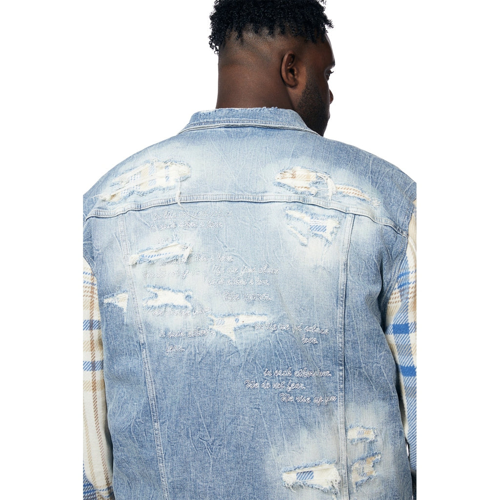 Smoke Rise Big and Tall Big and Tall Embroidered Plaid Backed Denim Jacket - Lowell Blue