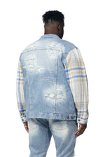 Big and Tall Embroidered Plaid Backed Denim Jacket - Lowell Blue