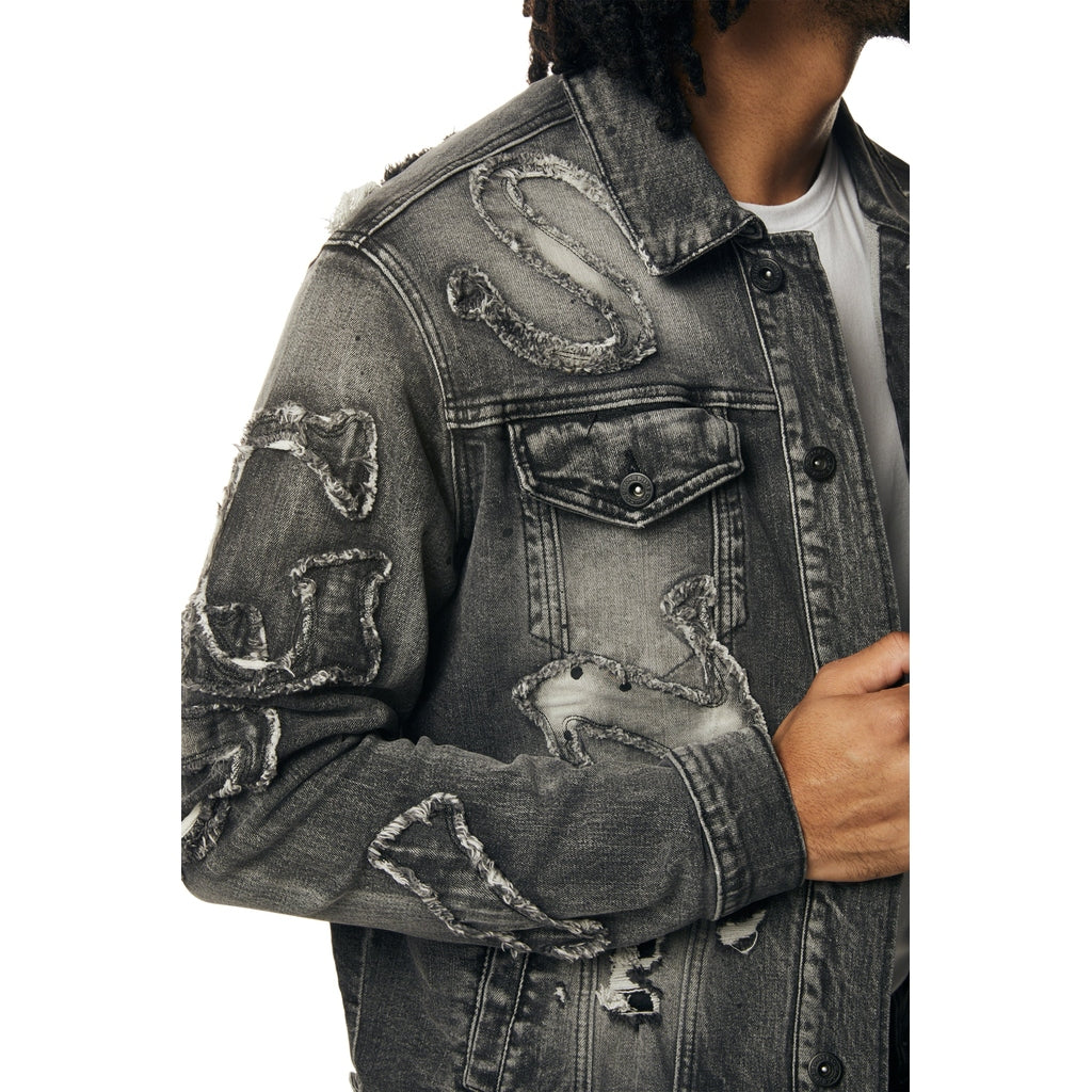 Smoke Rise Cut & Sewn Rip Off Letter Applique Jean Jacket - Black Lava