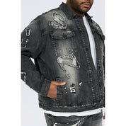 Smoke Rise Big and Tall Big and Tall - Cut & Sewn Rip Off Letter Applique Jean Jacket - Black Lava