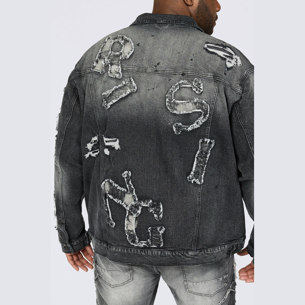 Smoke Rise Big and Tall Big and Tall - Cut & Sewn Rip Off Letter Applique Jean Jacket - Black Lava