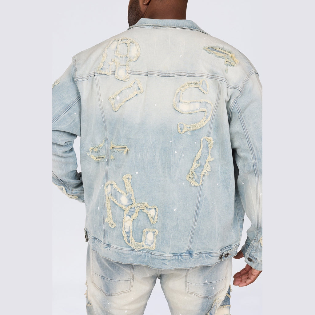 Smoke Rise Big and Tall Big and Tall - Cut & Sewn Rip Off Letter Applique Jean Jacket - Seville Blue