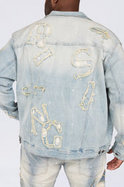 Big and Tall - Cut & Sewn Rip Off Letter Applique Jean Jacket - Seville Blue