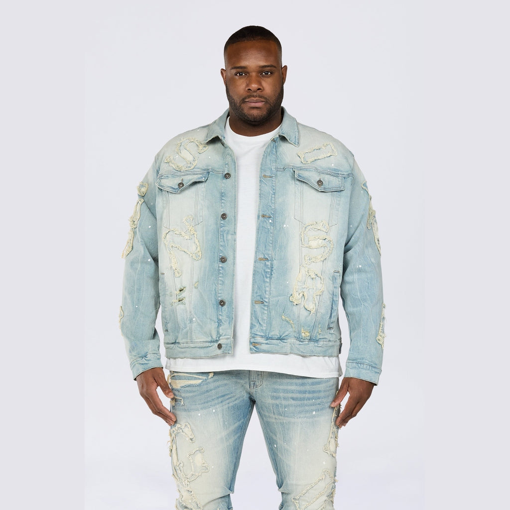 Smoke Rise Big and Tall Big and Tall - Cut & Sewn Rip Off Letter Applique Jean Jacket - Seville Blue