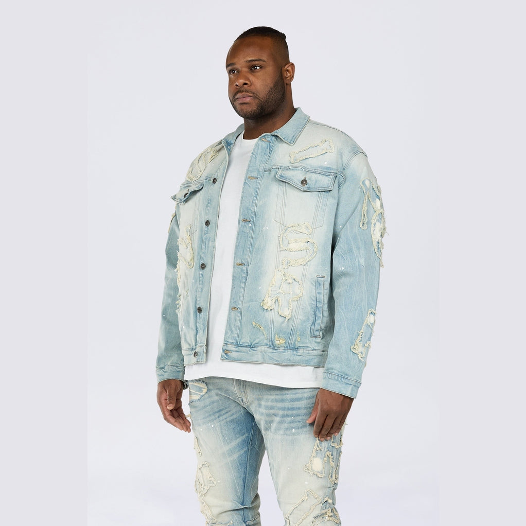 Smoke Rise Big and Tall Big and Tall - Cut & Sewn Rip Off Letter Applique Jean Jacket - Seville Blue