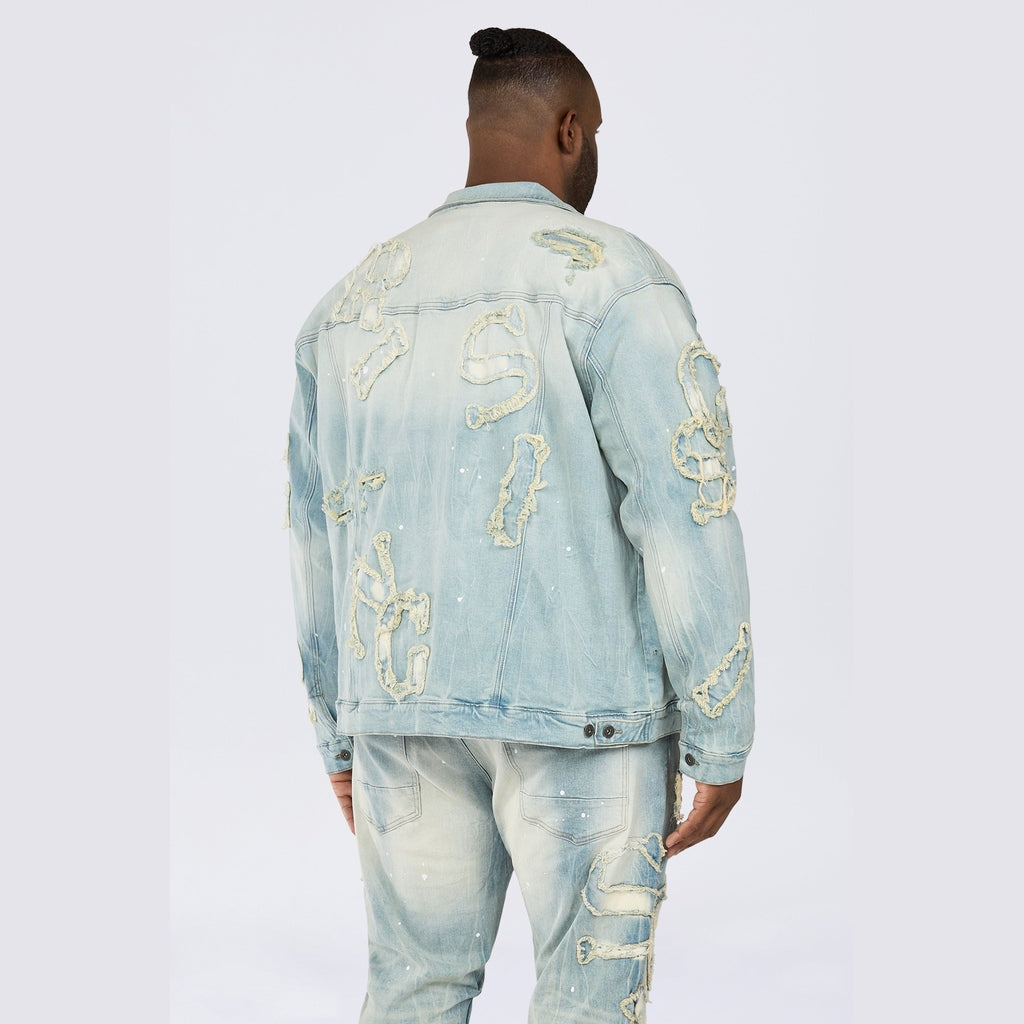 Smoke Rise Big and Tall Big and Tall - Cut & Sewn Rip Off Letter Applique Jean Jacket - Seville Blue