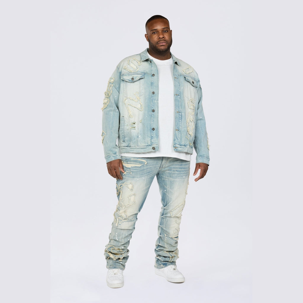 Smoke Rise Big and Tall Big and Tall - Cut & Sewn Rip Off Letter Applique Jean Jacket - Seville Blue
