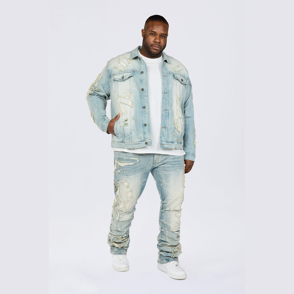 Smoke Rise Big and Tall Big and Tall - Cut & Sewn Rip Off Letter Applique Stacked Jeans - Seville Blue