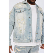 Smoke Rise Big and Tall Big and Tall - Cut & Sewn Rip Off Letter Applique Jean Jacket - Seville Blue