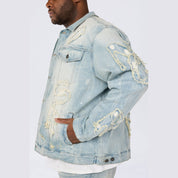 Smoke Rise Big and Tall Big and Tall - Cut & Sewn Rip Off Letter Applique Jean Jacket - Seville Blue