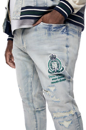 Big and Tall - Preppy Crest Embroidered Denim Jeans - Cascade Blue