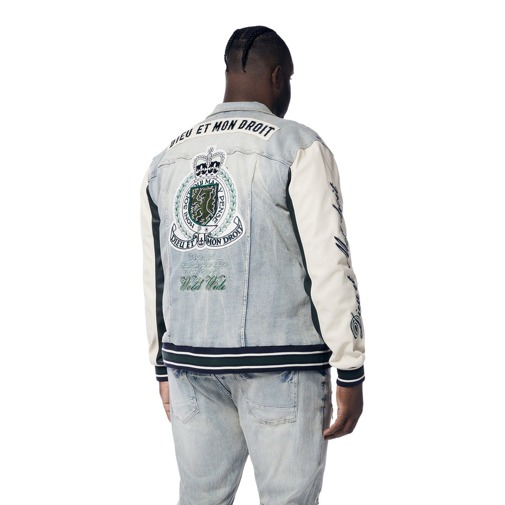 Smoke Rise Big and Tall Big and Tall - Preppy Crest Embroidered Jean Jacket - Cascade Blue