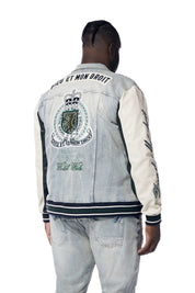 Big and Tall - Preppy Crest Embroidered Jean Jacket - Cascade Blue