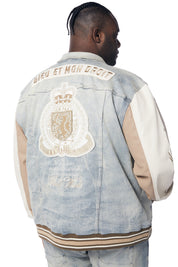 Big and Tall - Preppy Crest Embroidered Denim Jacket - Industrial Blue