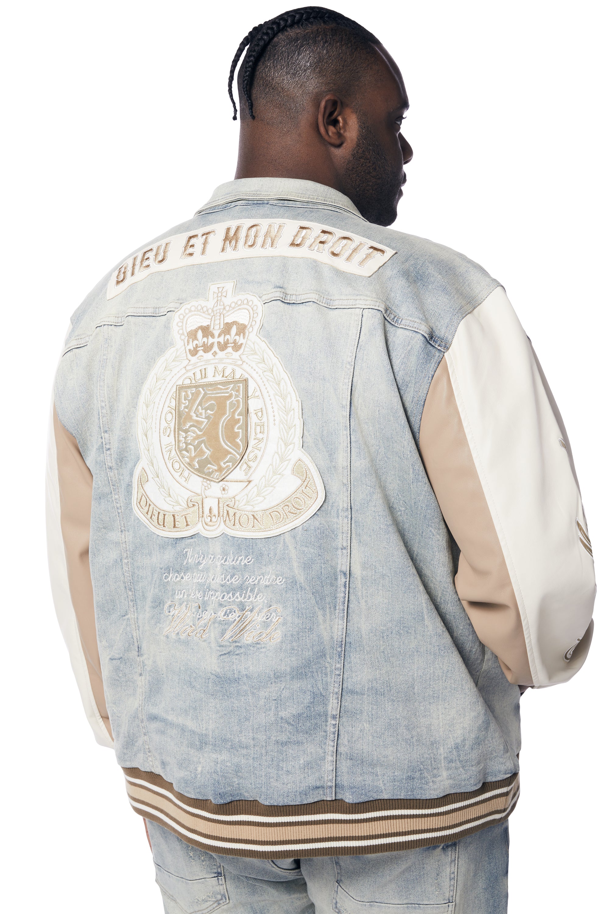 Big and Tall - Preppy Crest Embroidered Jean Jacket - Industrial Blue