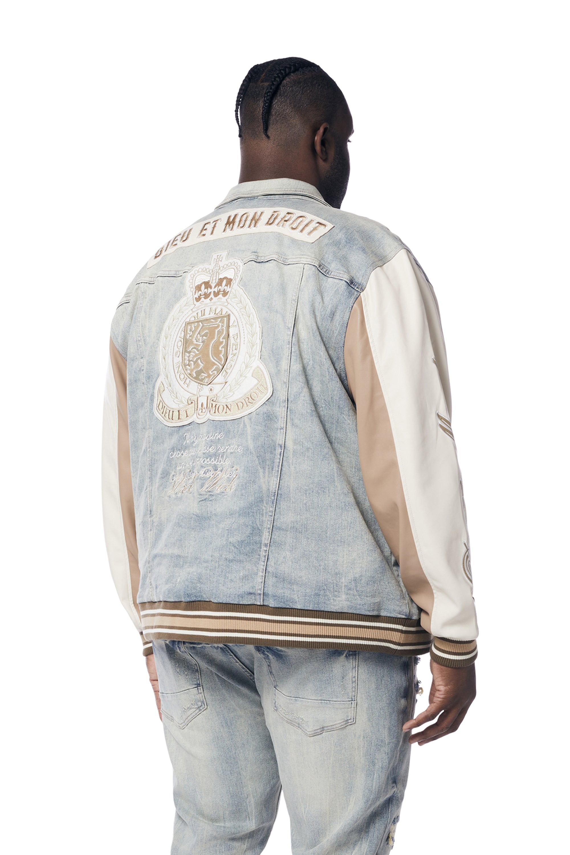 Big and Tall - Preppy Crest Embroidered Jean Jacket - Industrial Blue