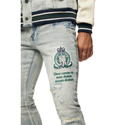 Smoke Rise Preppy Crest Embroidered Slim Tapered Denim Jeans - Cascade Blue