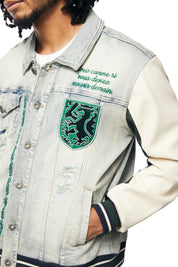Preppy Crest Embroidered Denim Jacket - Cascade Blue